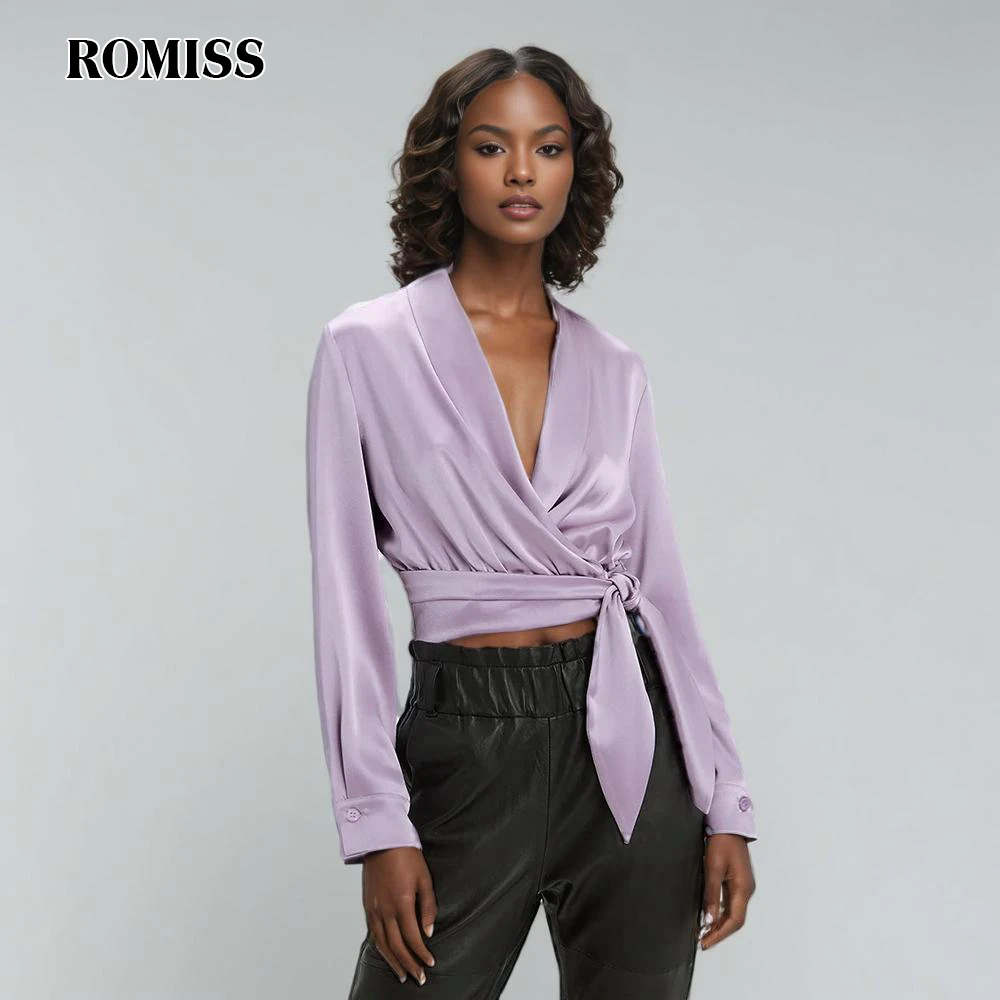 

ROMISS Solid Spliced Lace Up Chic Shirts For Women Lapel Long Sleeve Patchwork Button Slimming Blouse Female Fashion Style