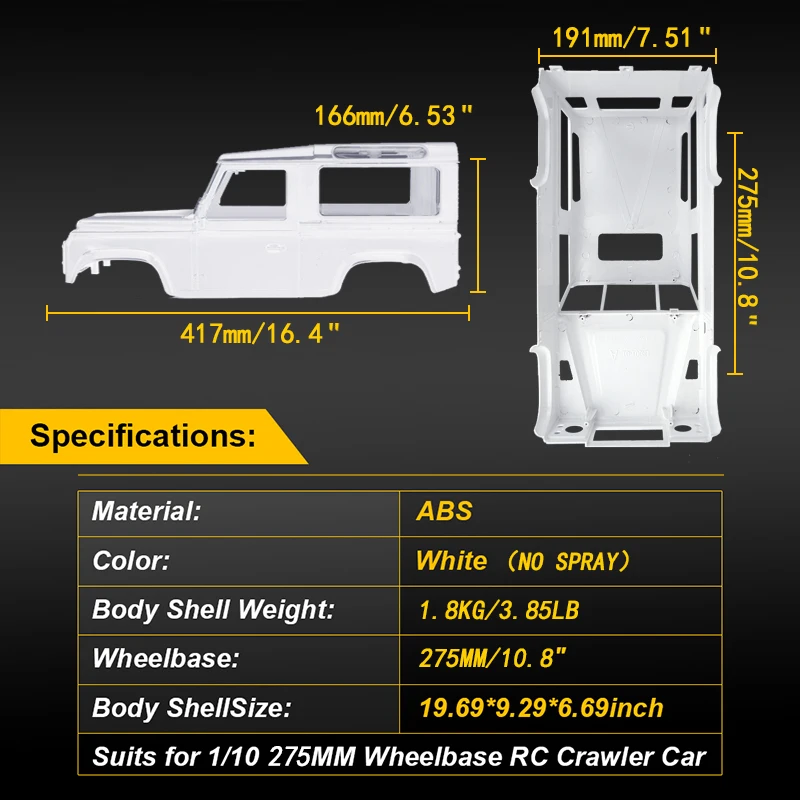 High quality 1/10 Defender D90 RC Crawler Body 275mm Wheelbase ABS Kit Simulation No Spray Hard Shell For AXIAL TF2 RC4WD D90