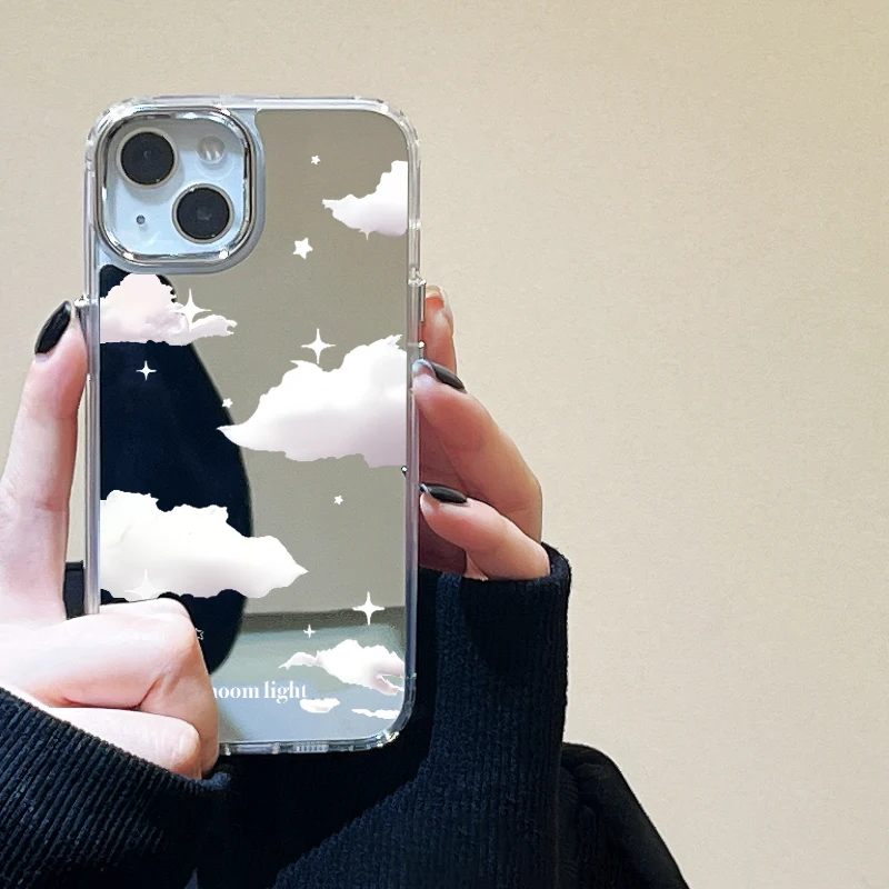 Moon Light Clouds Stars Mirror Phone Case For iPhone 11 Case iPhone 13 14 15 12 16 Pro Max X XS Aesthetic Back Cover Soft Funda 