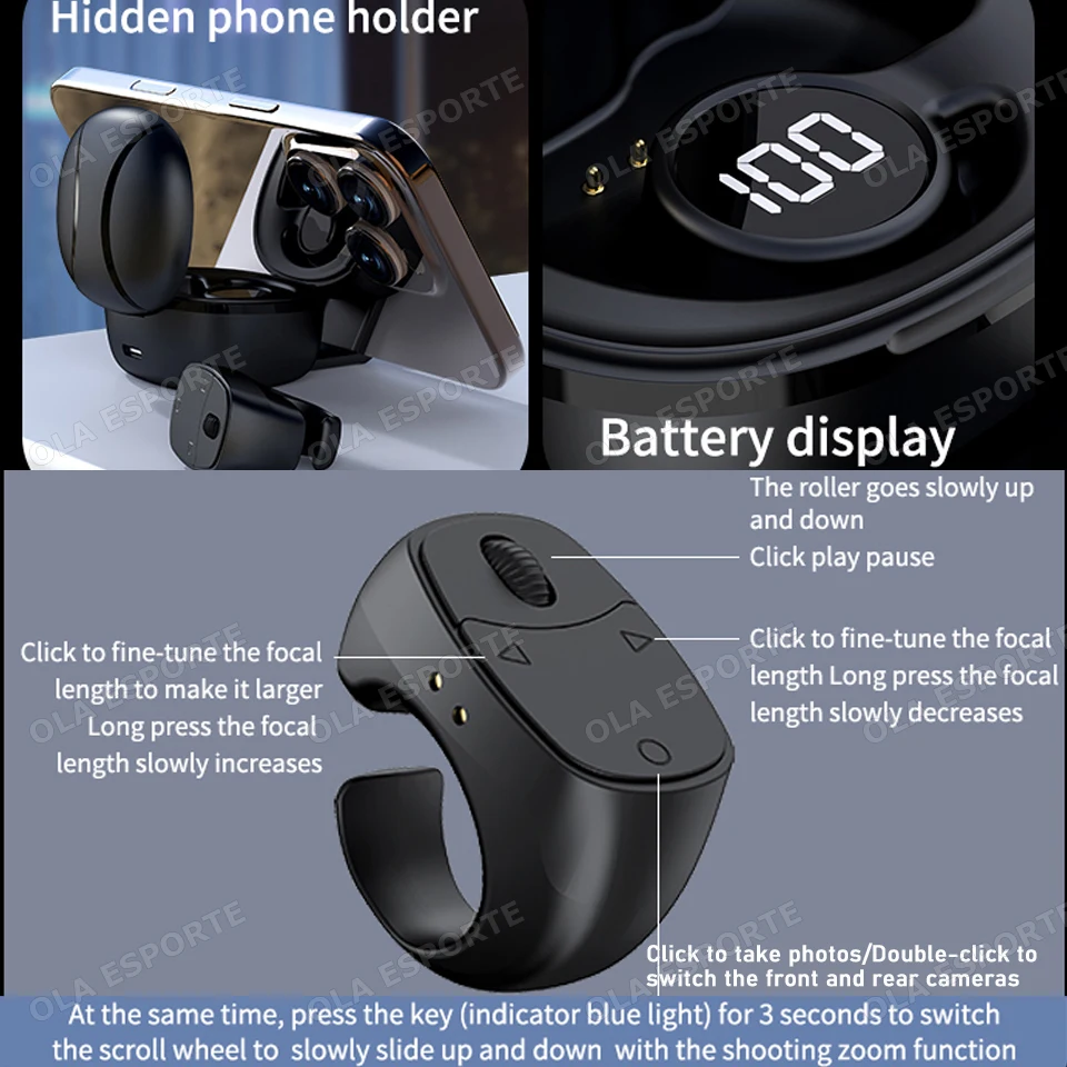 Nouvelle télécommande sans fil Bluetooth 2026 à anneau tactile et à rouleau pour selfies mobiles, souris vidéo et tourneur de page automatique