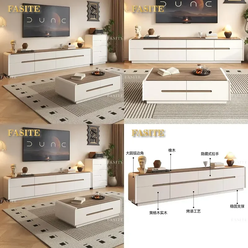 For 60cm High Double Layer Solid Wood Floor to Ceiling TV Cabinet Coffee Table Combo Light Luxury Simple Cream Style Living