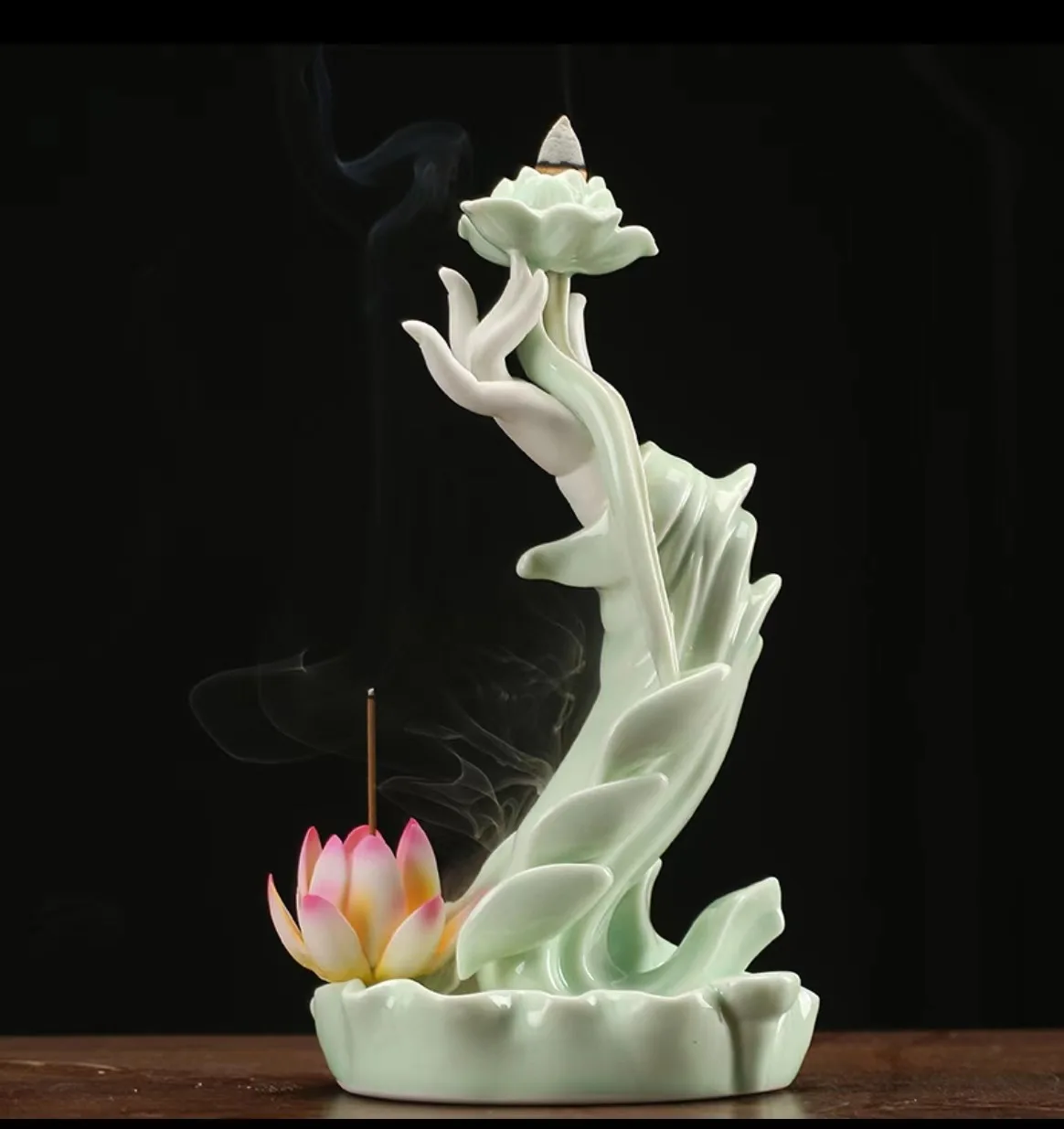 Large Buddha Hand Lotus Backflow Incense Burner, Home Decoration LED Light Circle Pink Lotus White Flower Backflow Incense Seat