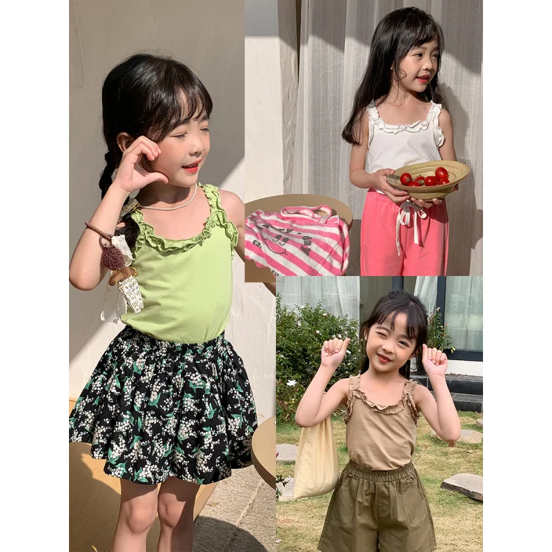 

XTY-South Korea Children's Clothing Summer Lace Sling Girls' Cotton Vest2024New Princess Vest CottonTT-shirt Fashion