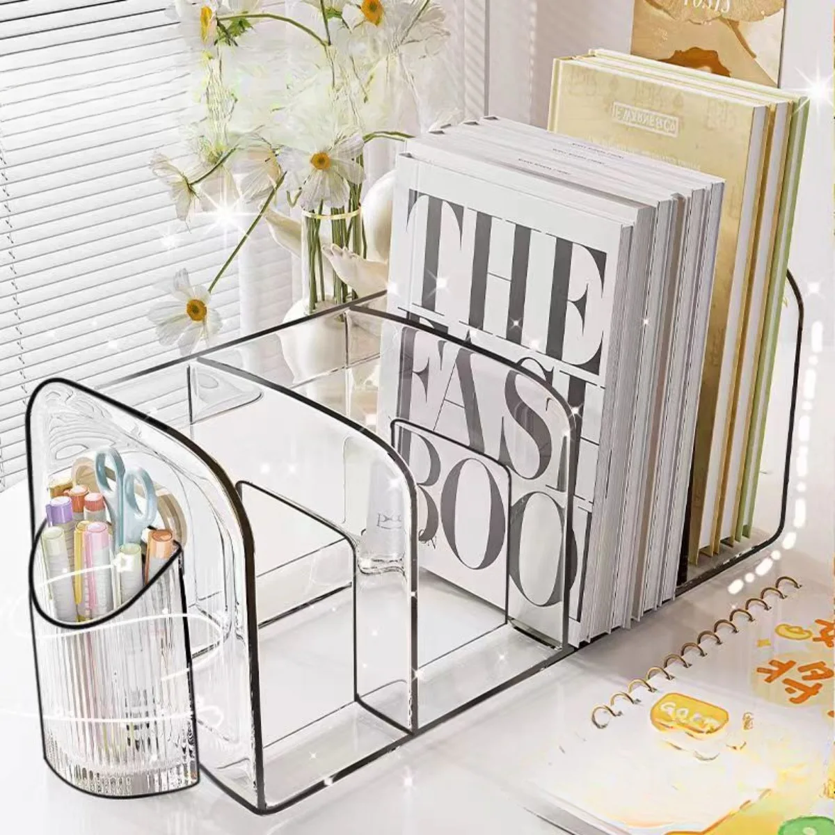 Acrylic Divider Bookshelf Transparent Storage Rack with Handle Desktop 3/4 Grid Book Stationery Organizer Student Study Supplies