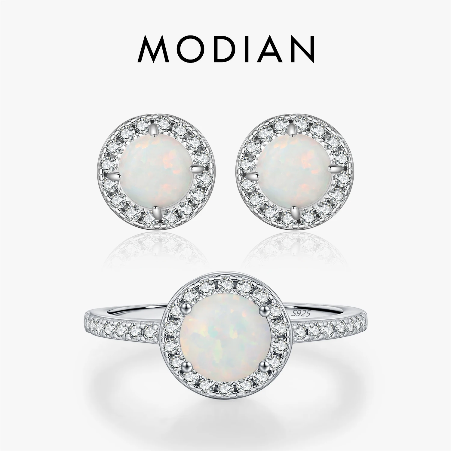 MODIAN 925 Sterling Silver Hepburn Style Stud Earrings Charming Round Opal Thin Finger Rings For Women Fine Jewelry Sets