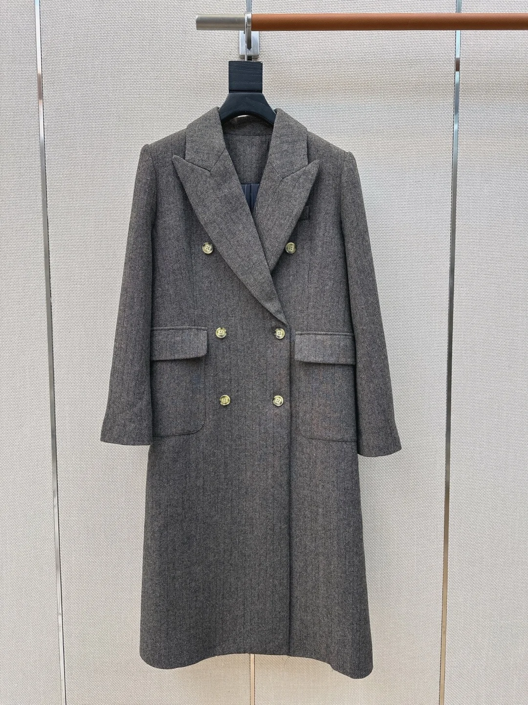 Herringbone Wool Trench Coat Women Double Breasted Peak Lapel Grey Long Woolen Overcoat with Pockets