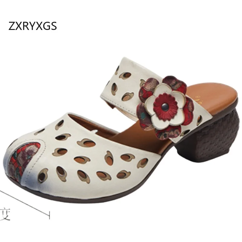

ZXRYXGS тапочки из воловьей кожи с круглым носком и цветными цветами, уличная обувь, новинка 2025, летние женские тапочки на среднем каблуке