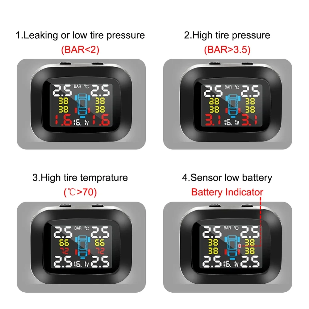 자동차 보안 경보 시스템 실시간 감지 미니 자동차 타이어 압력 모니터링 시스템, 자동차 RV SUV용 4 외부 센서 포함