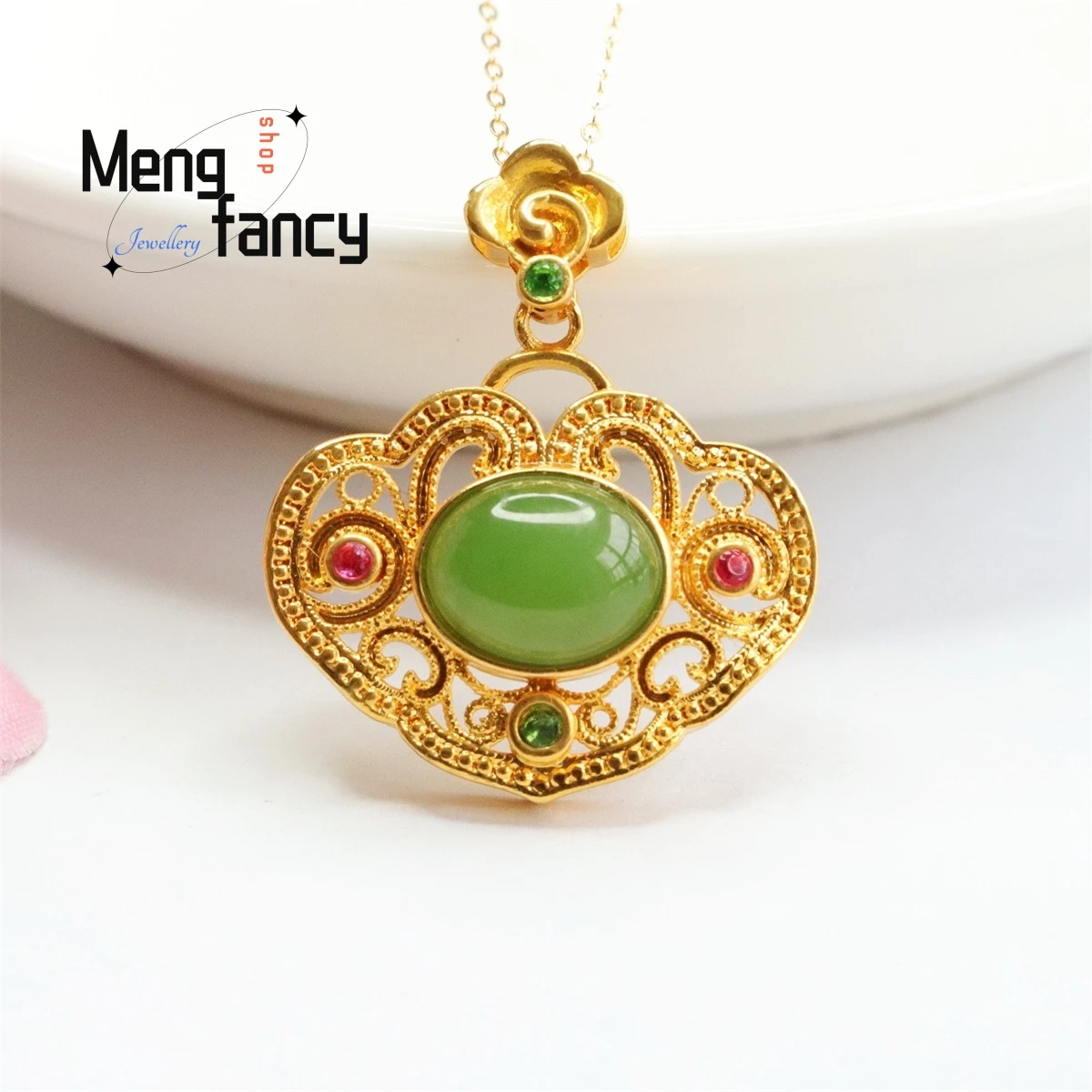 Natural 18k Gold Inlaid Hetian Jasper Ruyi Necklace Simple Elegant Personalized Fashion Versatile Exquisite Women Luxury Jewelry