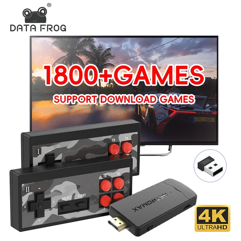 DATA FROG Tragbarer Kabelloser Spiele-Stick, 1800 Old-School-Spiele, Plug & Play TV-Spielkonsole