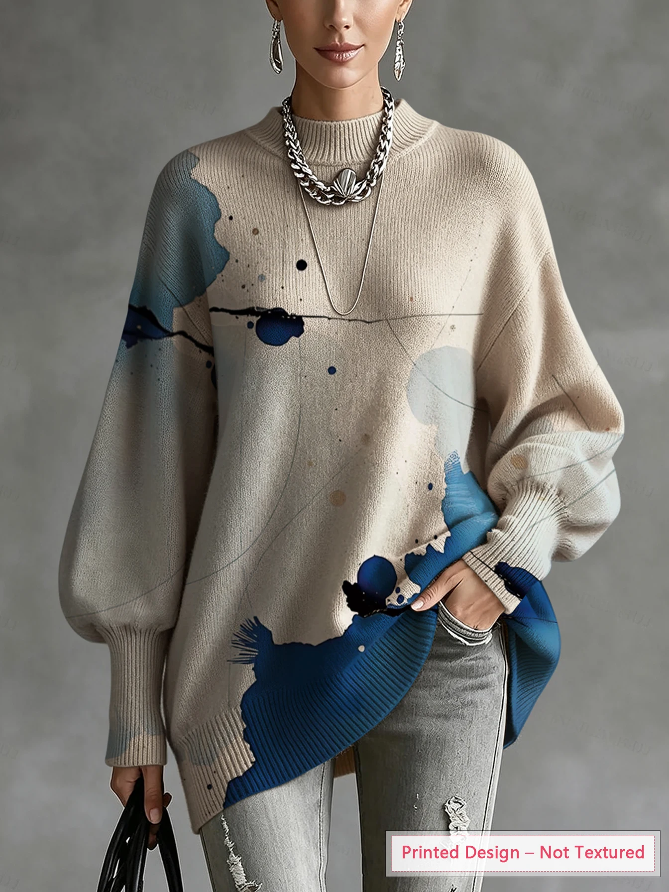 Women's Thin Sweater with Artistic Gradient Color-Blocking Print, Vintage Casual Style, Diagonal Hem and Lantern Sleeve Design, Suitable for Autumn and Winter Wear
