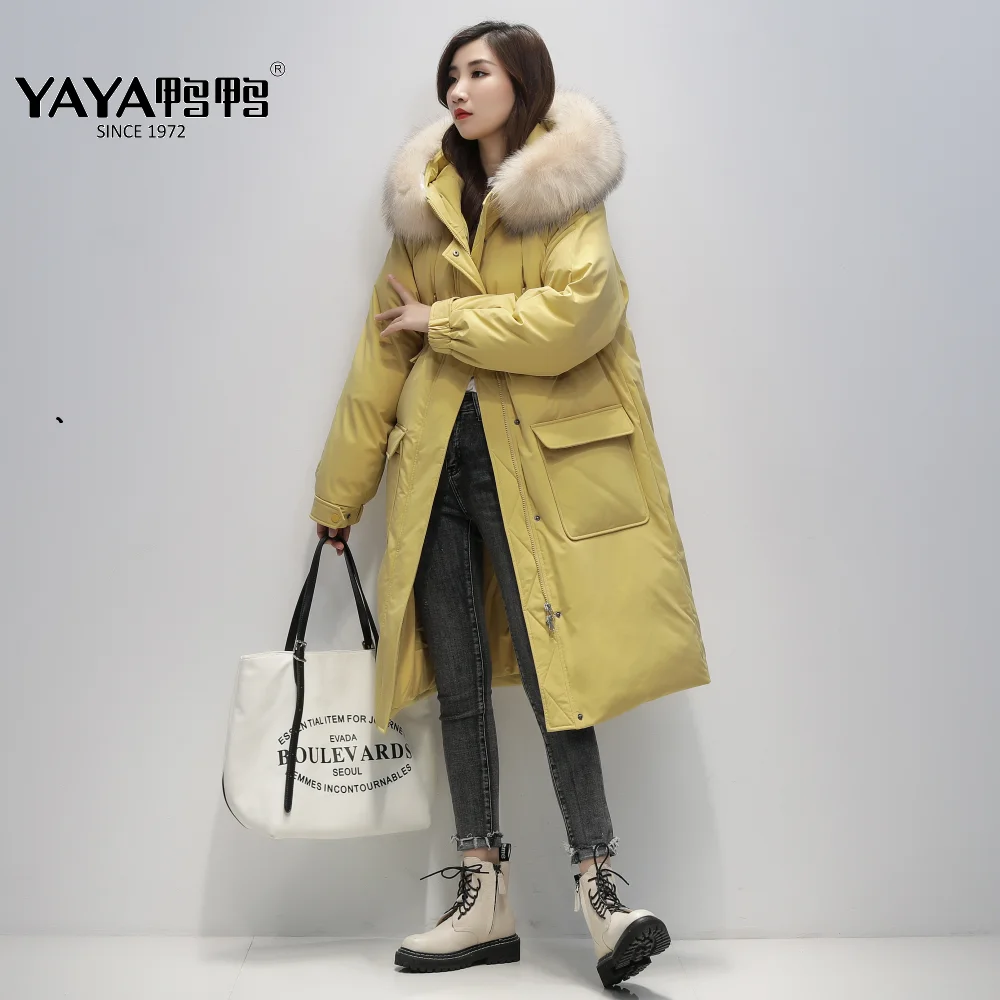 YAYA-Chaqueta de plumón con capucha desmontable, abrigo largo y grueso, Parka resistente al agua, con cuello de piel de mapache Real Natural, para