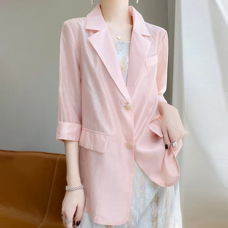 

Tencel Fabric Blazer 2023 New Summer Thin Three Quarter Sleeve Single Row Lapel Cotton Linen Suit Coat Casual Comfortable Top