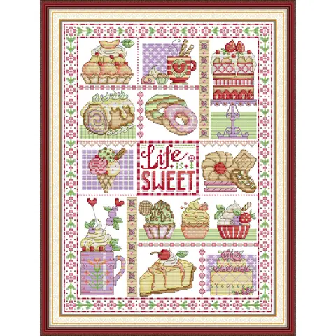 Soulgift News Pre-Printed Cross Stitch Kit, Stamped Aida Fabric with DMC Threads, Easy to Follow - Desserts
