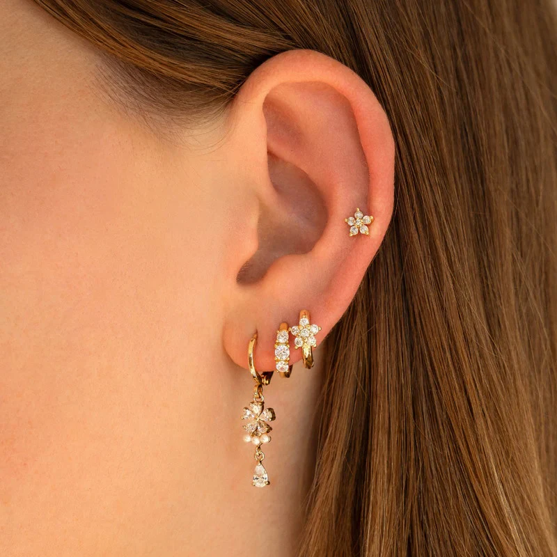 925 Sterling Silver Needle Sophisticated Style Flower Drop Zircon Pendant Hoop Earrings Women's High-end Versatile Jewelry Gift