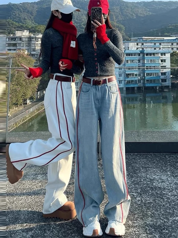 

plus Size American Two Bars Wide Knife Jeans Color Block Wide Leg Denim Pants Women's Spring Autumn New Style Scythe Pants