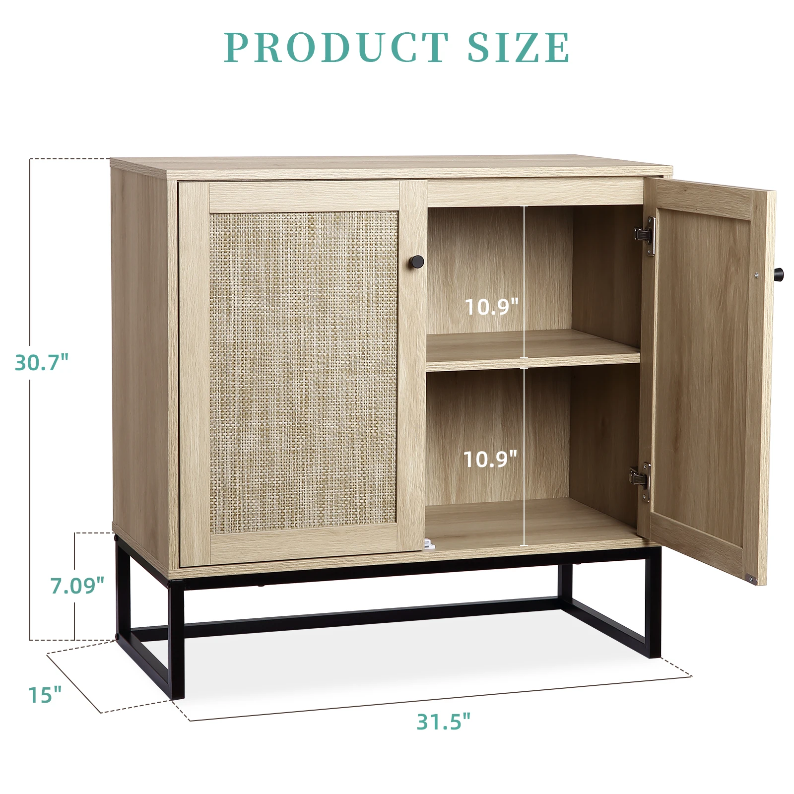2-Door Rattan Storage Cabinet, Sideboard Buffet Accent Cabinet, Farmhouse Console Table with Storage, Multi-Functional Kitchen Cupboard for Living Room, Hallway, Entryway, Light Oak+Black