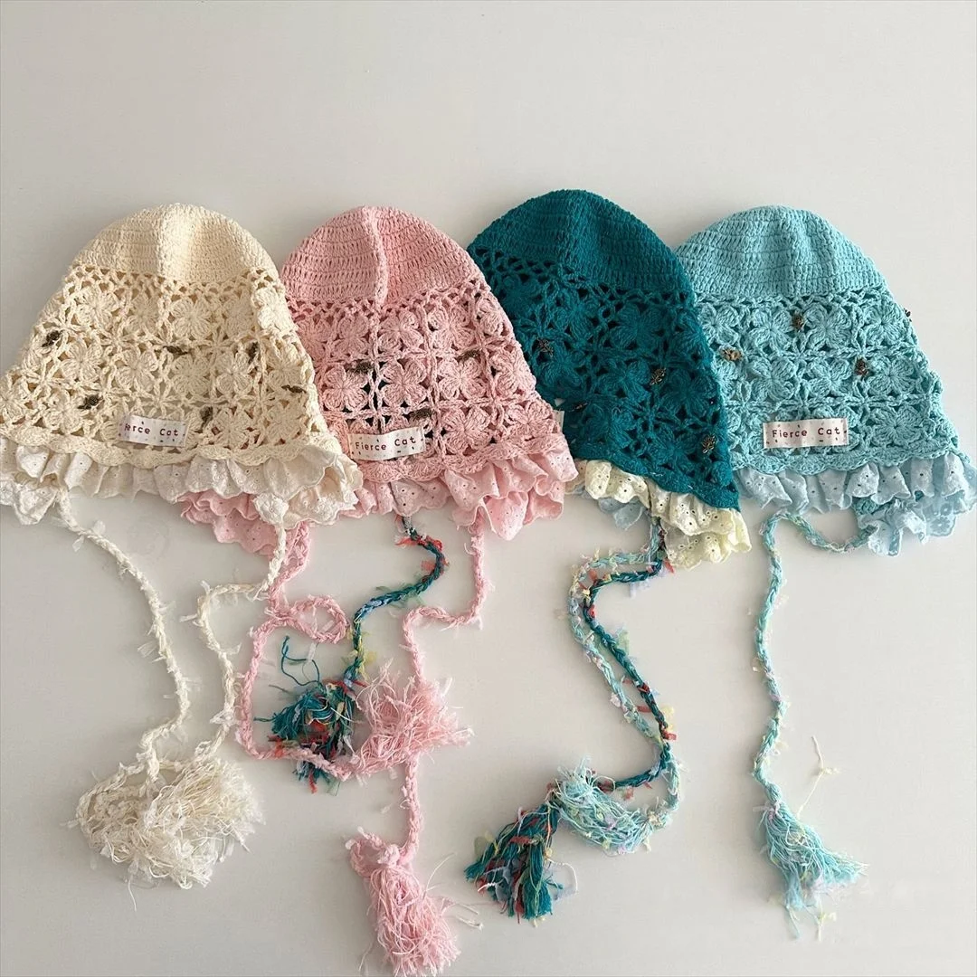 

2026 New Autumn Kids Hat Letter Patch Lace Ruffle Bonnet for 3-6Y Girls Breathable Cotton Crochet Kids Hat
