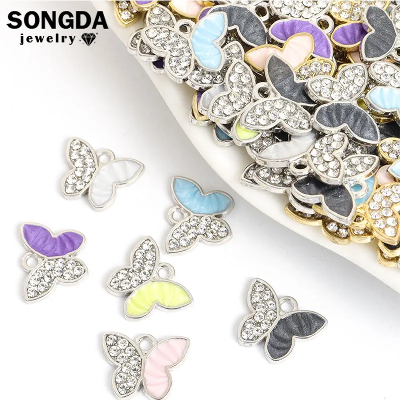 10pcs Cute Enamel Inlaid Crystal Butterfly Charms Cartoon Insects Animal DIY Earrings Necklace Bracelet Exquisite Accessories