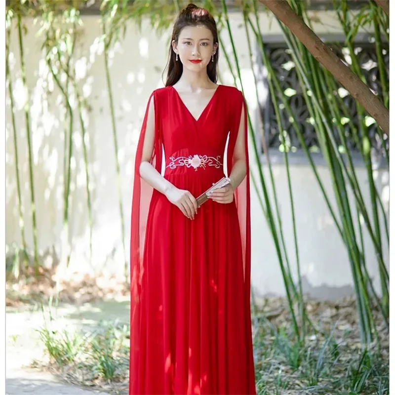 2026 Summer New Chinese Style Slim Fit And Temperament Long Dress Red Flowing Dress Heavy Industry Embroidery Chiffon Dress Lady