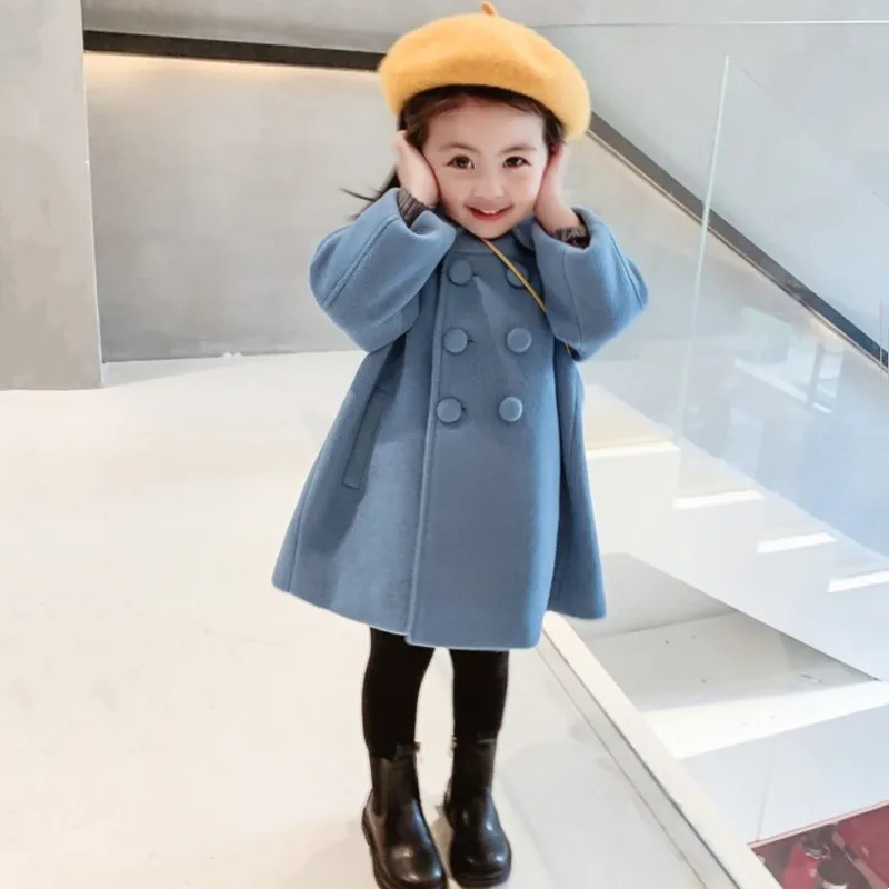 Autumn Kids Girls Wool Coats Korean Version Long Jacket Spring Double Breasted Children Outerwear Outdoor Casual Clothes For1-8Y