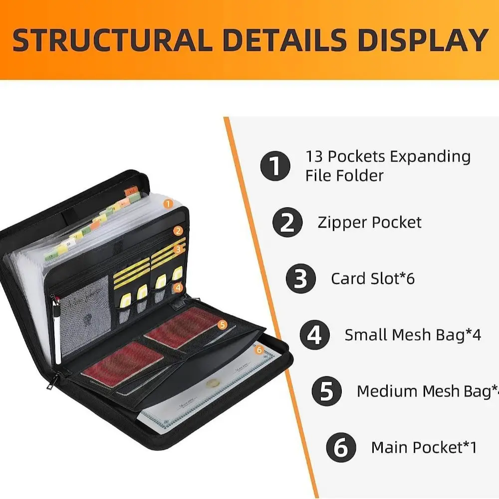 Fireproof Expanding File Folder Waterproof Zipper Closure Document Bag with Labels Multi Pockets Space Saving A4 Files Briefcase