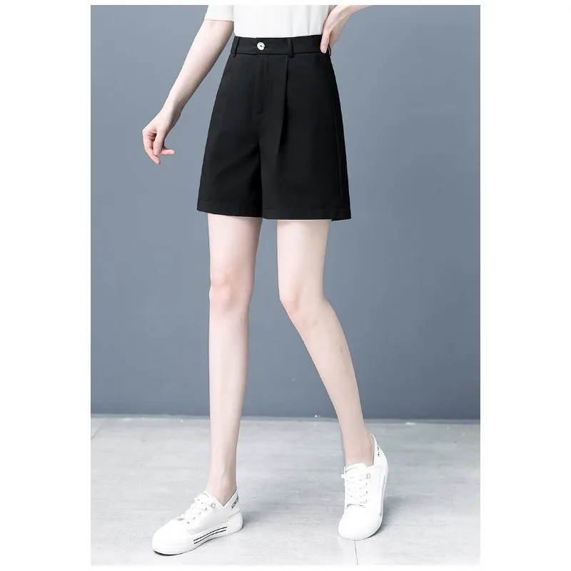

Women Solid High Waist Elastic Back Waist Loose Straight Leg Casual Suit Knee Length Shorts