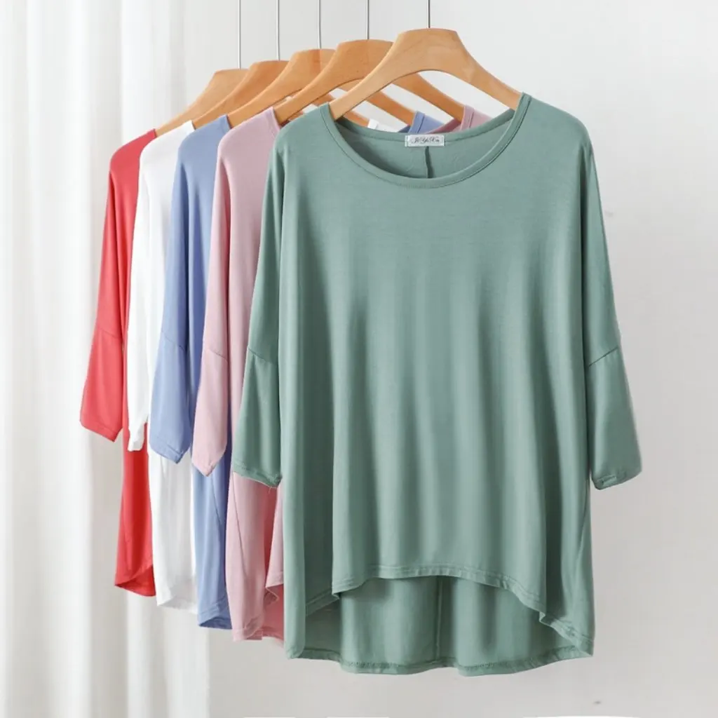 

Korean Style Modal Loose T-Shirt for Women Spring Summer Bat Sleeve Top with Short Front Long Back Design Large Size