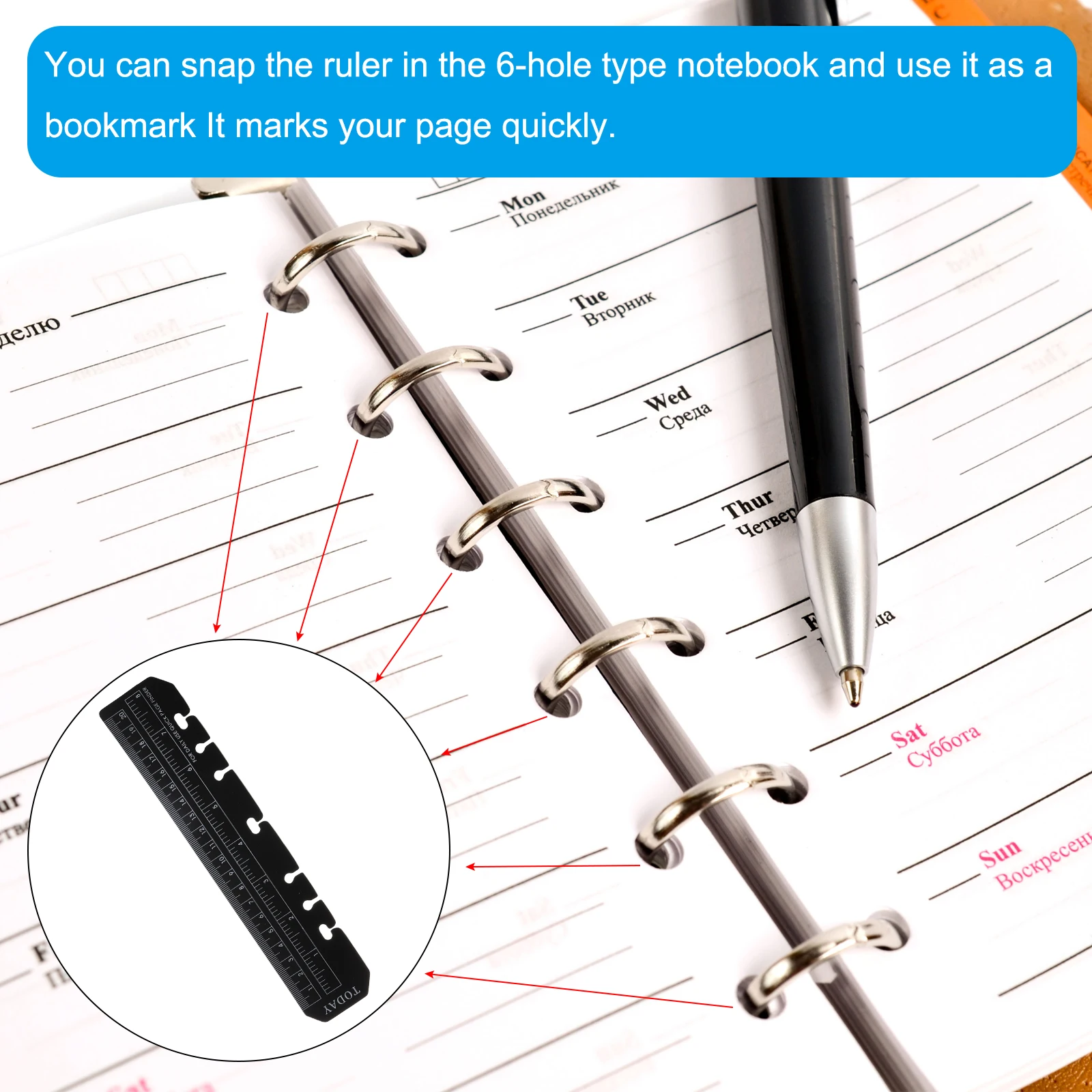 10/20Pcs Bookmark Ruler Snap-in Ruler Page Marker Book Mark Measuring Tools for A5 A6 A7 Size 6-Hole Binder Notebook Black/Clear