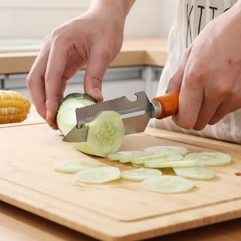 Stainless Steel Peeler Multi-functional 3-in-1 Fruit Peeler with Wood Handle Scrapes Sugarcane Apple Melon Planes