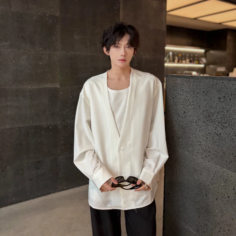 

Loose Fit Long Sve irt Men's Korean Sle Casual Drapey Multi-Functional Lazy Sle Fake Two-Piece Button down Workwear