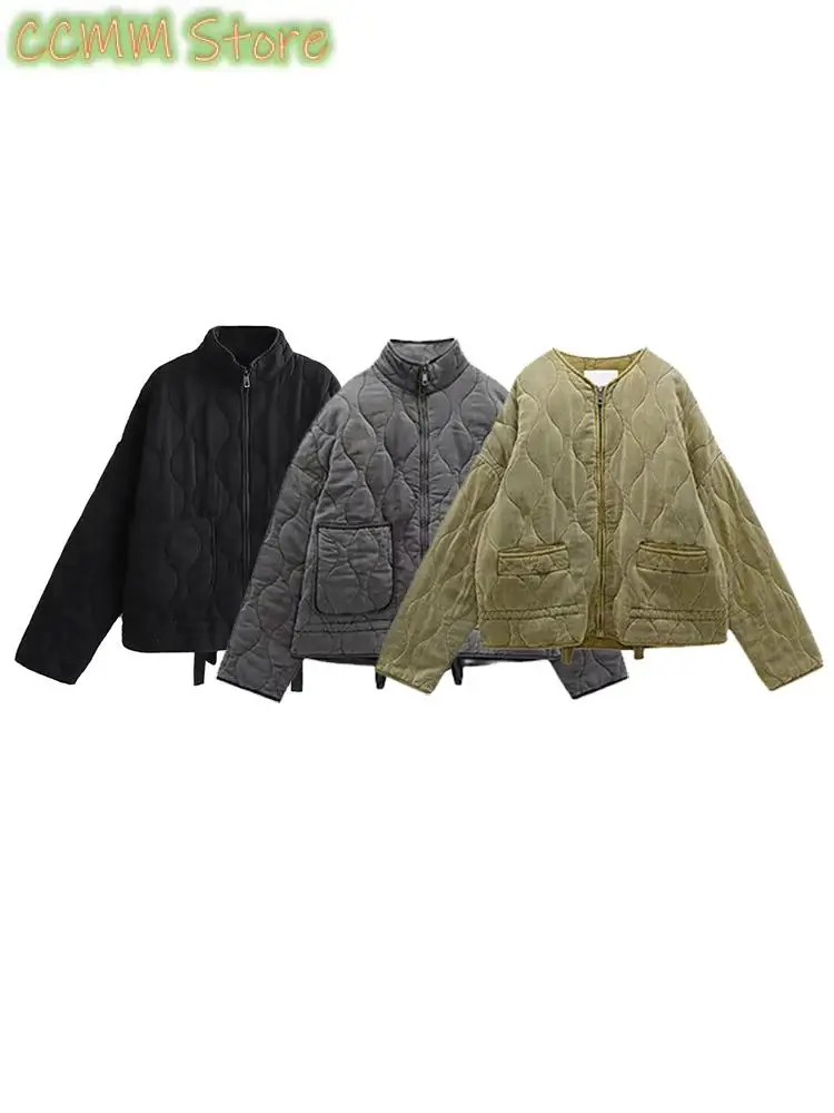 Women's New Zipper Warm Jacket Autumn and Winter Long Sleeve Round Neck Padded Solid Color Coat Women Fashionable Tops