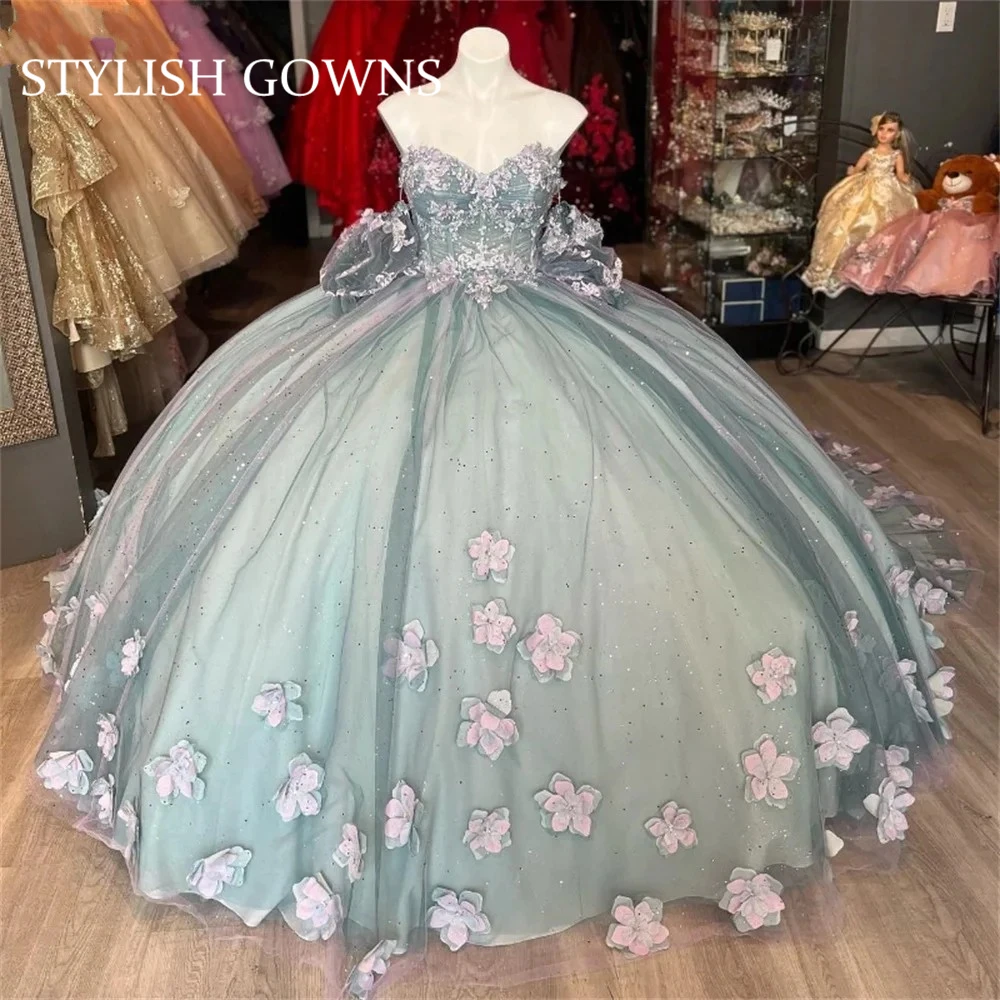 

Mexico Sweetheart Quinceanera Dress Sparkly Appliques Floral Princess Ball Gown For Sweet 16 Birthday Graduation Dresses