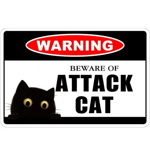 Funny Cat Tin Sign Warning Beware Of Attack Cat Metal Novelty Sign for Home Yard