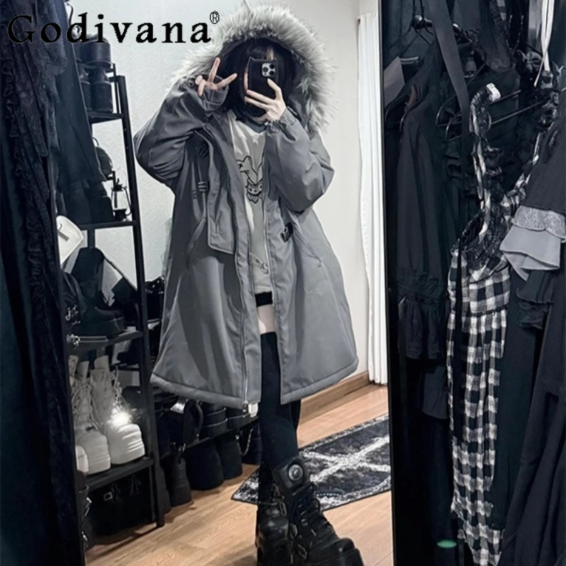 ثقافة فرعية الراقية رمادي منتصف طول سترات الإناث التخسيس القطن سترة دافئة المرأة الخريف الشتاء اليابانية معطف مبطّن #1