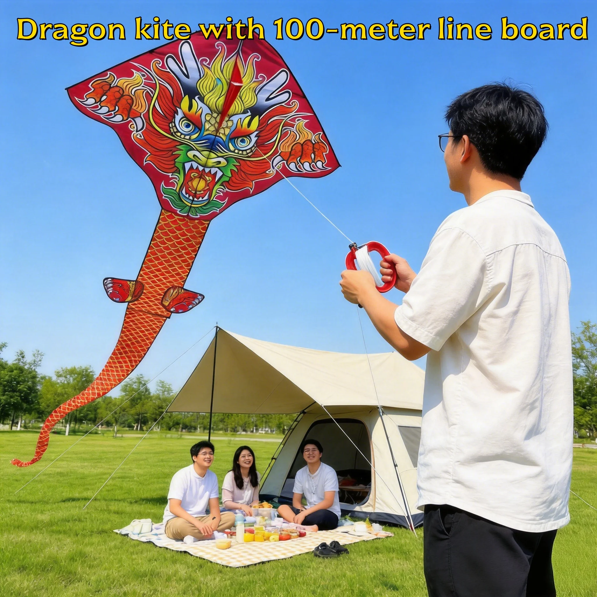 This new dragon kite is easy to fly and control, and comes with a 100-meter line board. Perfect for outdoor activities, camping trips with friends, family gatherings, and more. It makes a great gift for Christmas, Thanksgiving, and New Year's.