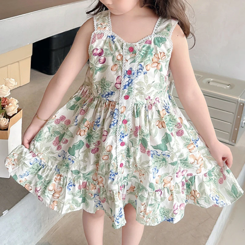 

Girl's Lace Floral Countryside Princess Skirts with Button Decoration and Ruffle Edge Summer Vest Skirt for Children's Dress