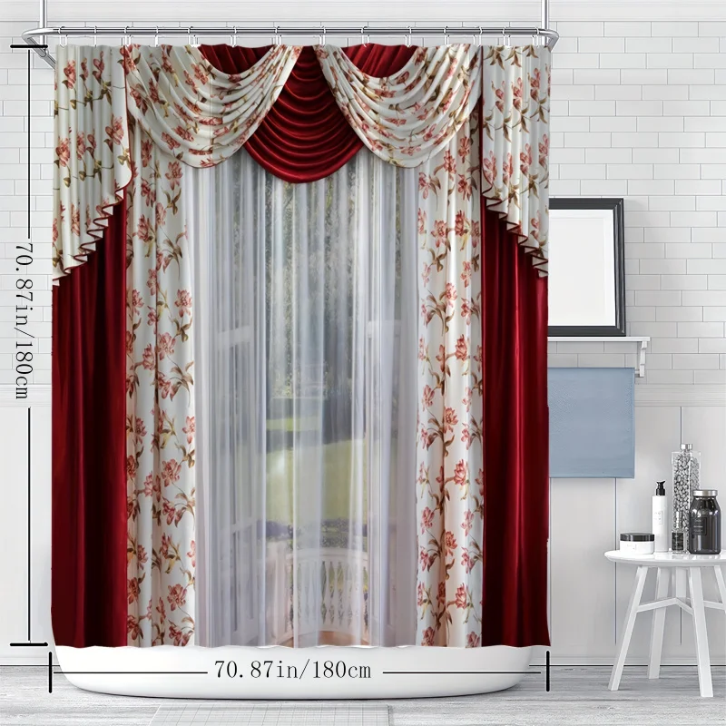 YWJHUI Arts-Themed Shower Curtain Regal Floral Red Drapery Print, Water-Resistant Polyester Bathroom Decor with Hooks, Mach