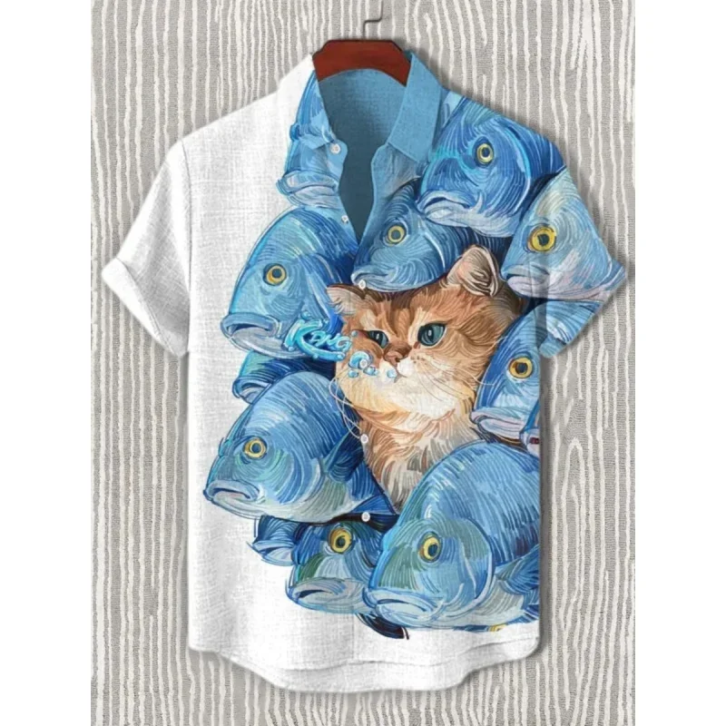 3D Printed Fun Cat Fish Hawaiian Shirt for Men Cute Animals Pattern Aloha Shirts Summer Short Sleeve Tops Street Casual Blouse