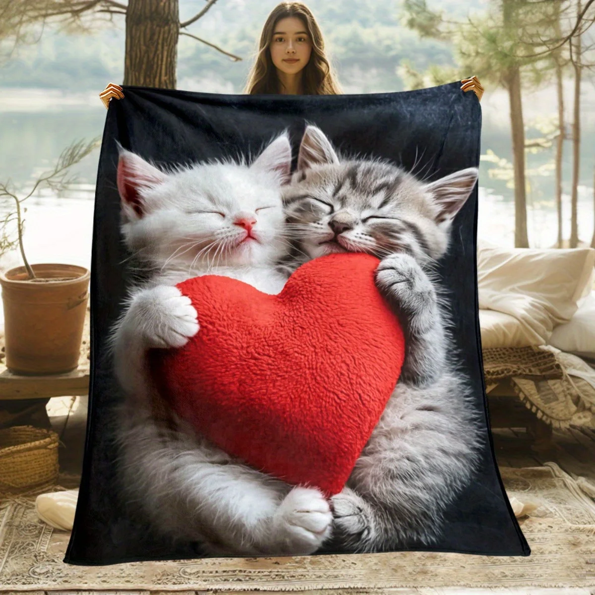 1pc Cute Cats Holding Heart Fleece Blanket Adorable Pet Lover Gift Soft Warm Throw Pillow Cover Bedroom Decor