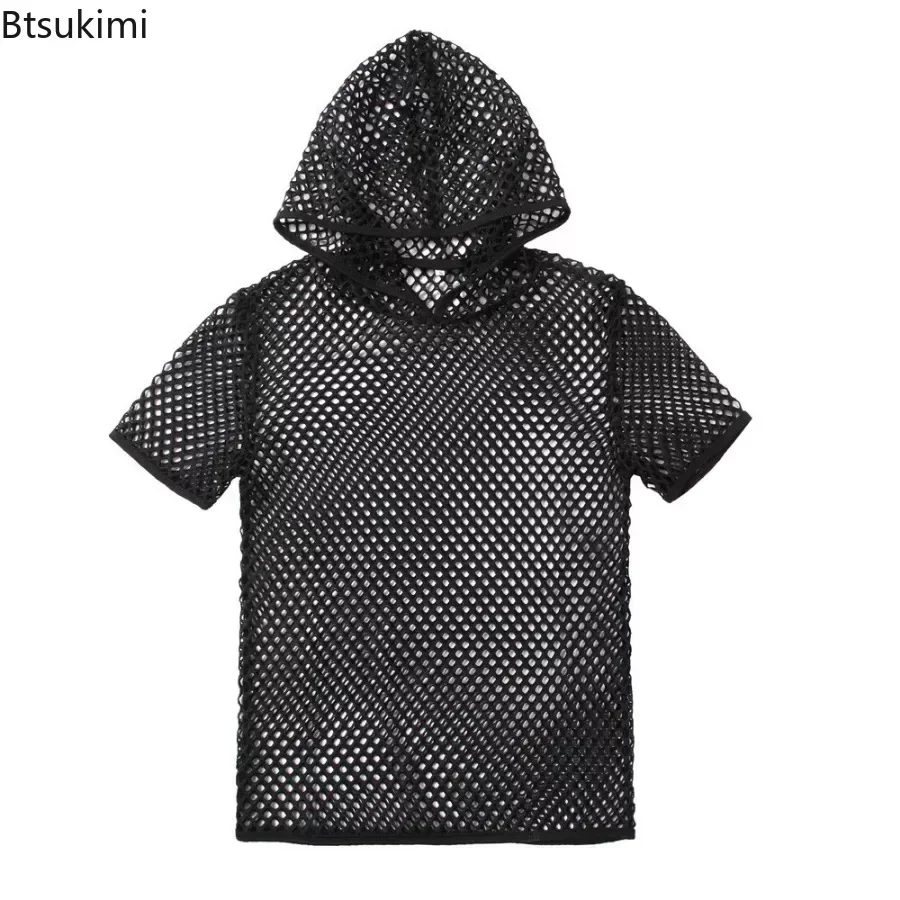 New 2024 Men\'s Transparent Sexy Mesh T-Shirt See Through Fishnet Short Sleeve Men Muscle Pullovers Dance Perform Top Tees Male