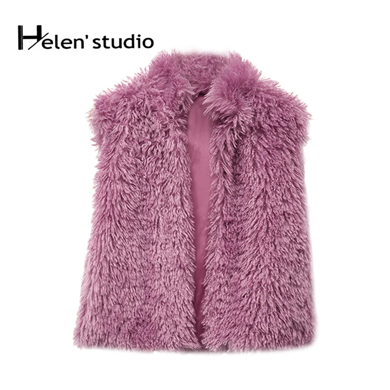 Fluffy Faux Fur Vest Women Stand Collar Sleeveless Winter Jacket Warm Pink Oversize Coat
