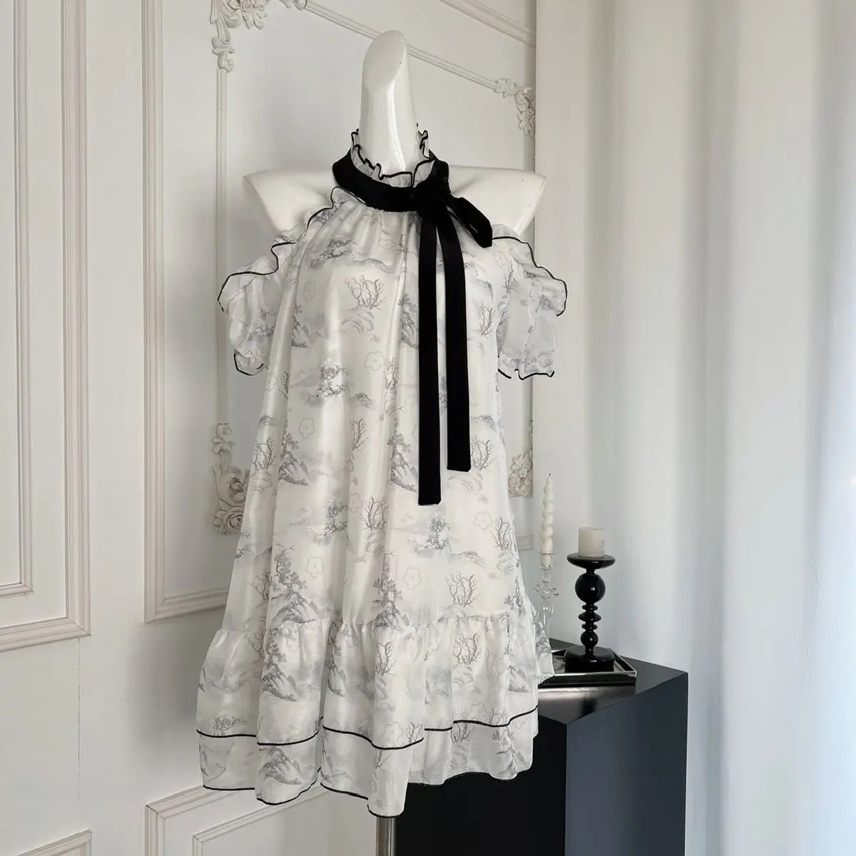 Women's Elegant Ink Painting Print Cold Shoulder Mini Dress Halter Neck Black Bow Ruffle Trim Loose Casual Summer Dress 2026