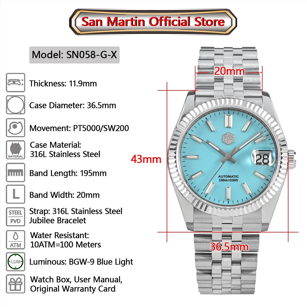 San Martin 2024 New 36.5mm Men's Luxury Automatic Watch Dress Watch Top Brand Couple Watch Sapphire Waterproof 100m Men Watch