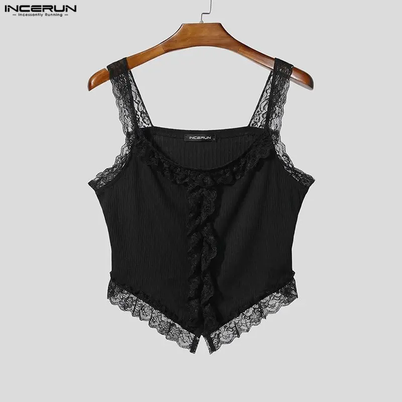 INCERUN Herren Tanktops mit Spitzen-Patchwork, Ärmellose Sexy Unisex Crop Tops, Streetwear Sommer 2026 Mode, Unregelmäßige Westen für Männer