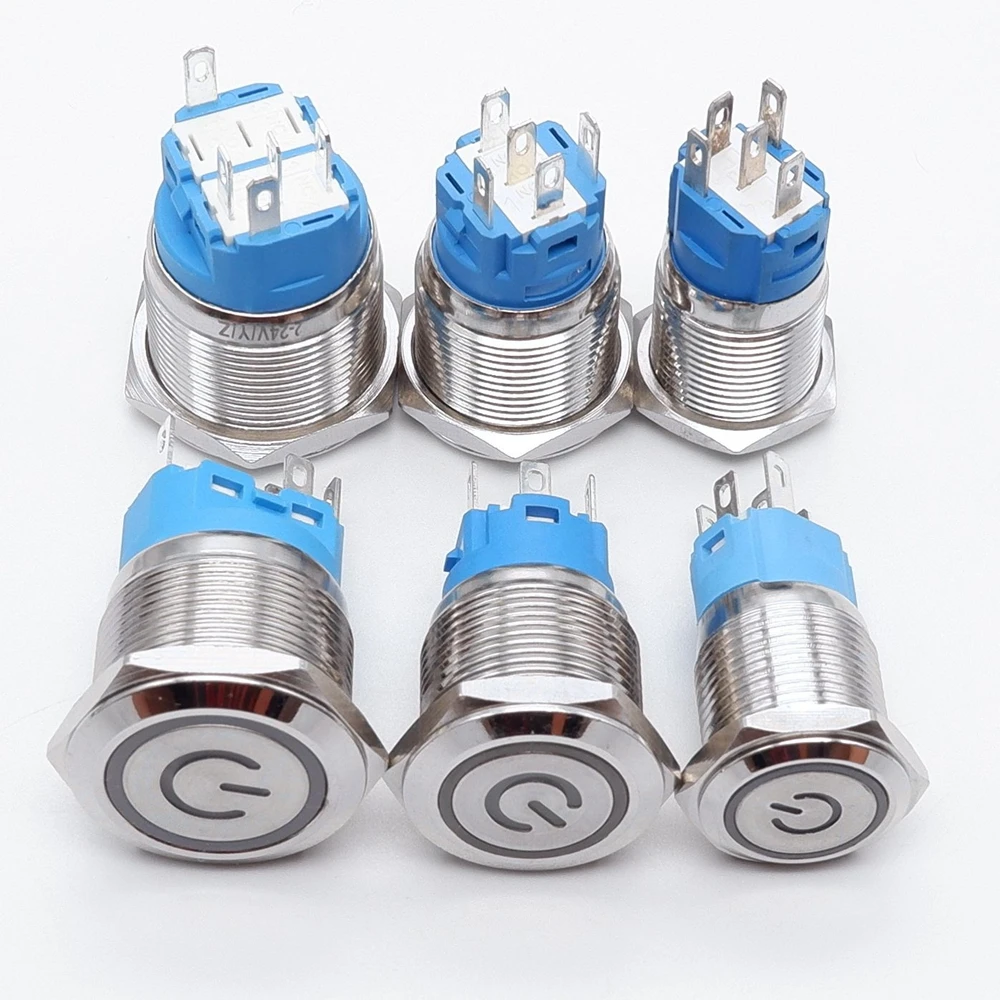 5 pcs Metal Push Button Switch 16mm 19mm 22mm PC Power Symbol Waterproof LED Light Self lock reset with connector 5V 12V 220V