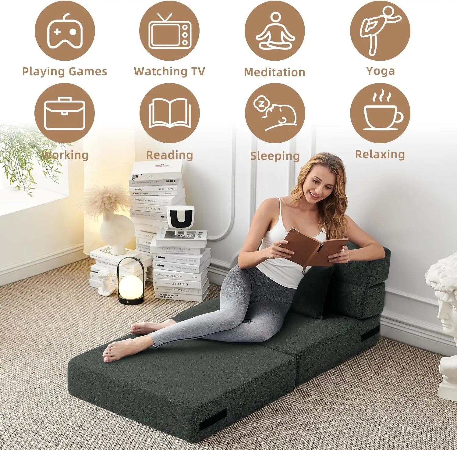 Convertible Folding Sofa Bed - Sleeper Chair with Pillow, Modern Linen Fabric Floor & Futon Couch, Foldable Mattress for