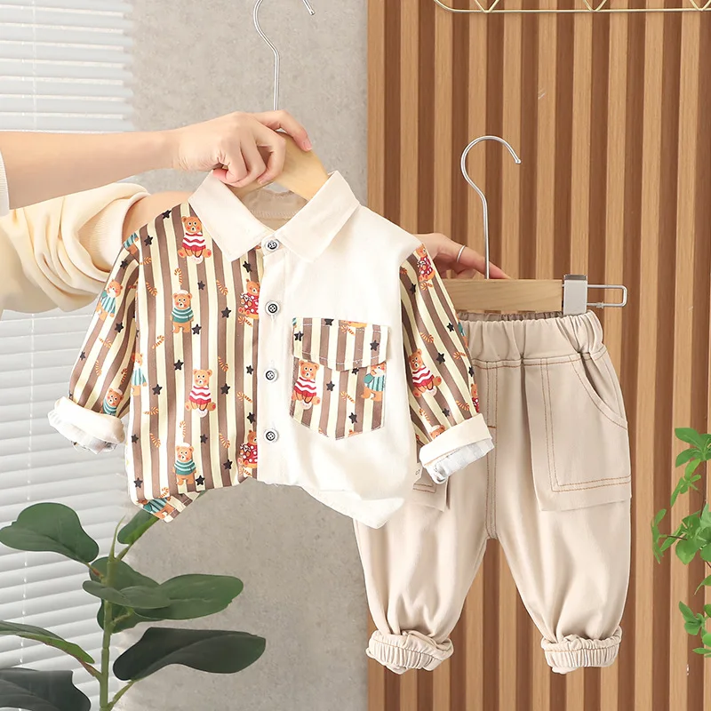 

2024 Baby Boys Clothing Sets Children Stripes Shirt Kids Clothes Boy Patchwork Cotton Long Sleeve Tops+ Pant 2Pcs Suits