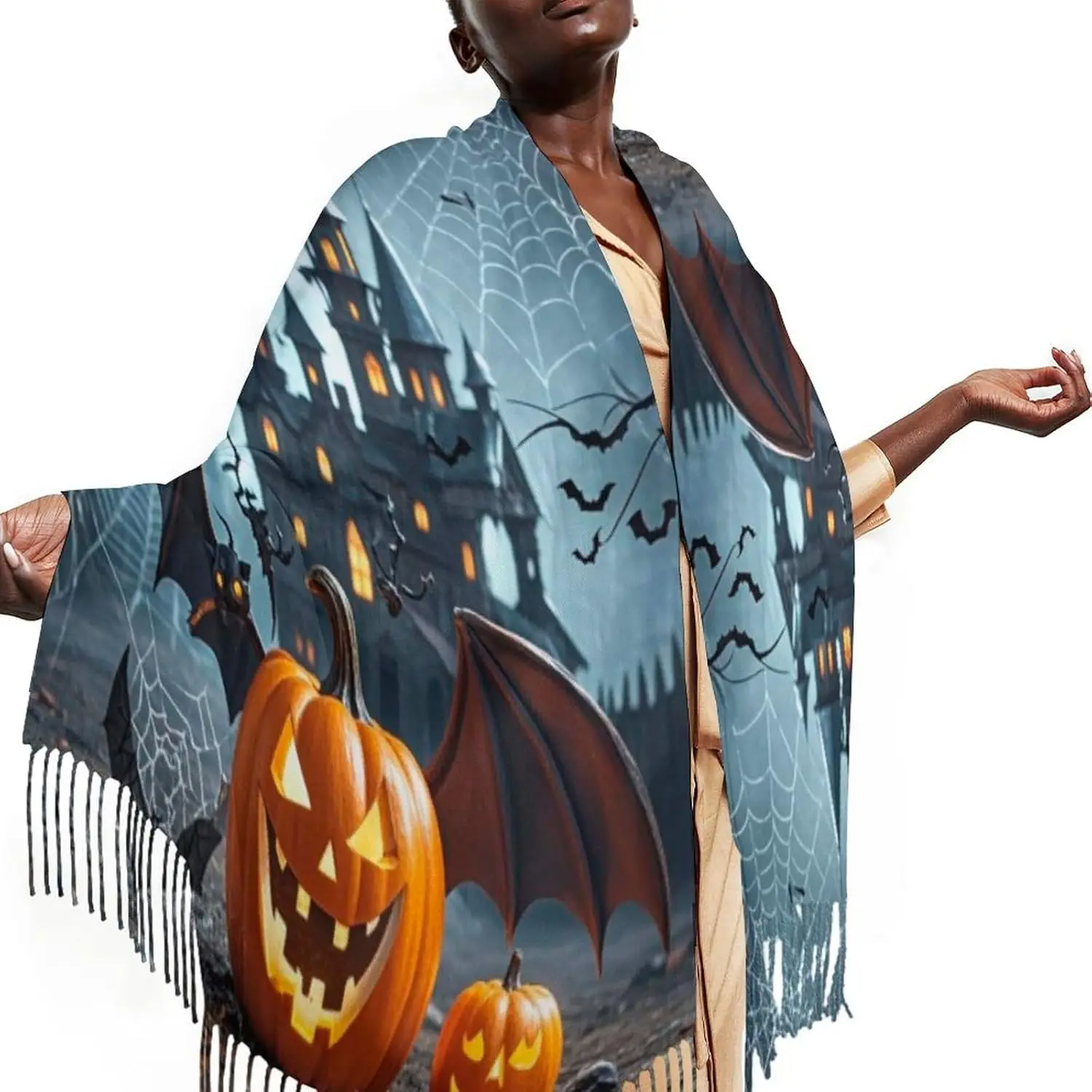 

Шарф с кисточками, шарф с кисточками с принтом тыквы и дьявола, женский осенне-зимний шарф, теплый шарф-одеяло с принтом