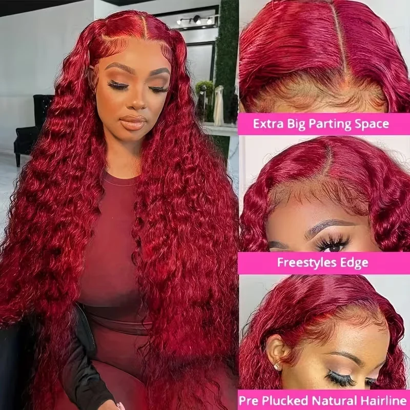 Deep Wave Burgundy 99J 13x6 Hd Lace Frontal Wig Human Hair 220 Density 36 Inch Curly Human Hair 13x4 Water Wave Red Colored Wig image 4